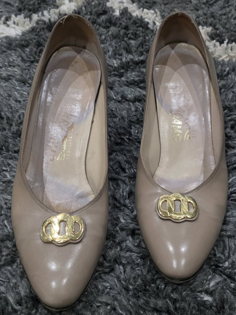 Salvatore Ferragamo Classic Women's Taupe Leather Pumps with Gold Accent 7.5B